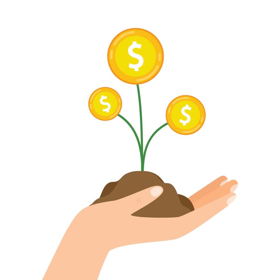 Hand with coin tree. Golden coins with dollar sign. Growth, income, savings. illustration in flat style. vector