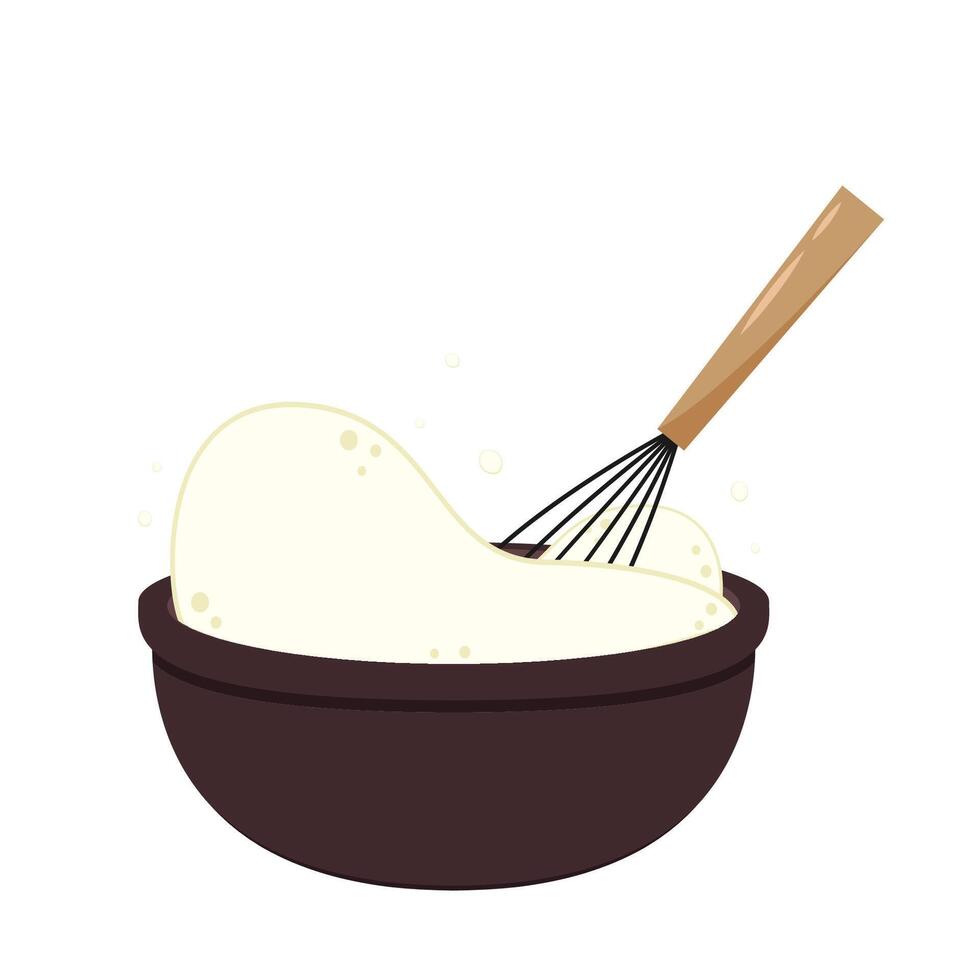 Beater whisk . Beater whisk on white background. Sticky flour. Flour stretch. Flour in bowl. vector