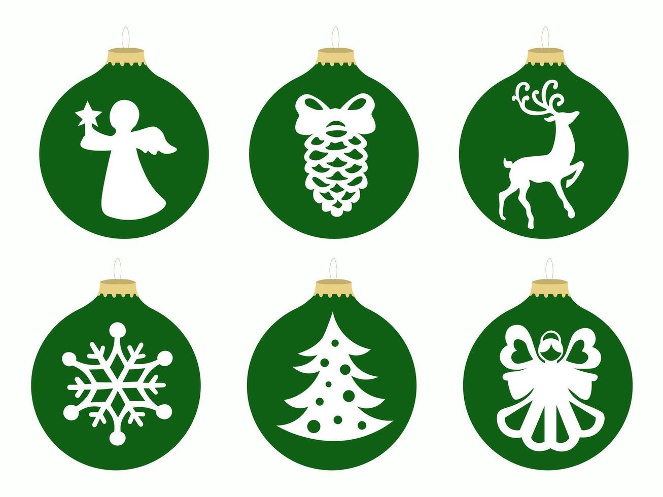 set of green Christmas tree toys balls. Angel, pine cone, deer, Christmas tree, snowflake vector