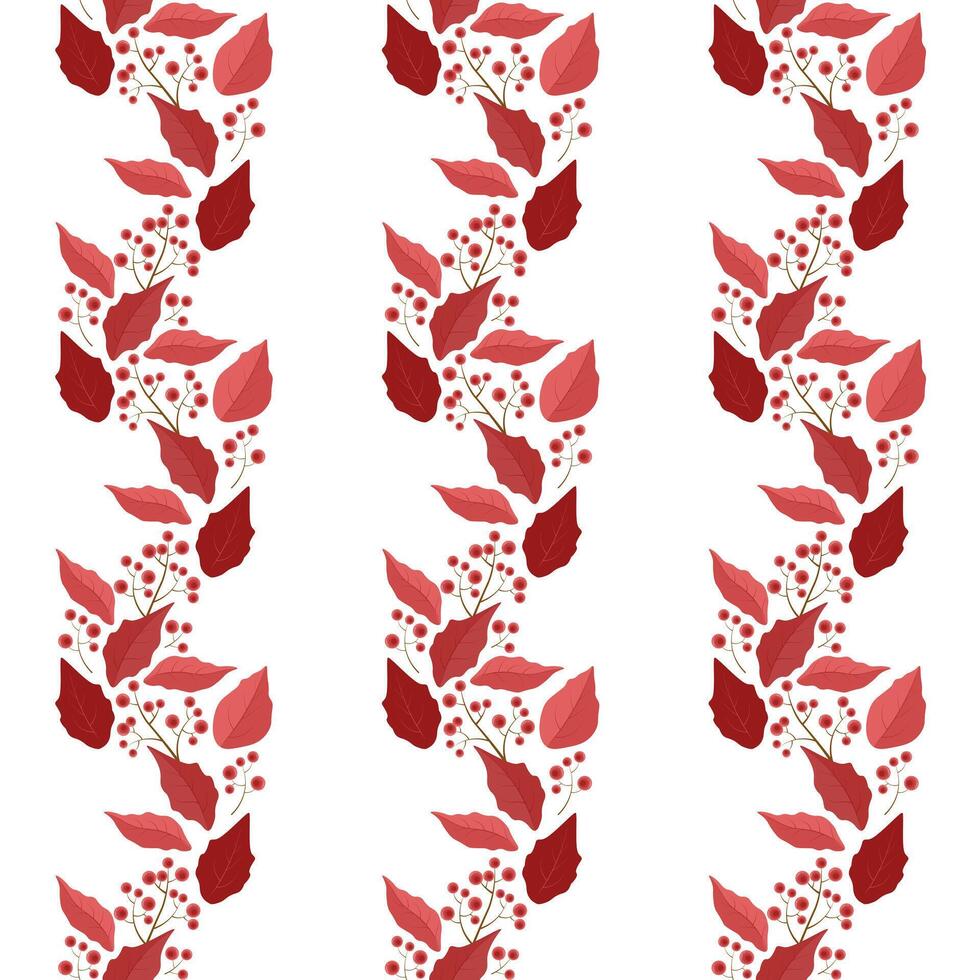 vertical pattern of poinsettia leaves and red berries on a branch vector