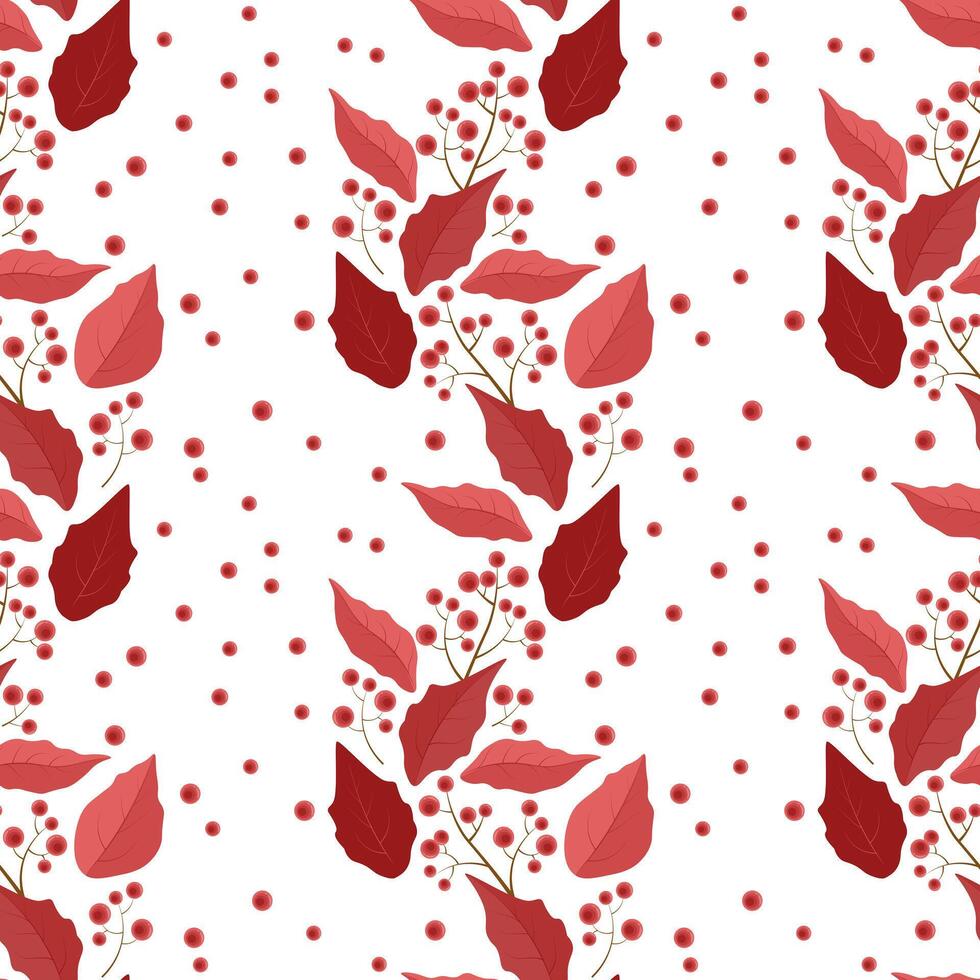vertical pattern of poinsettia leaves and red berries on a branch vector