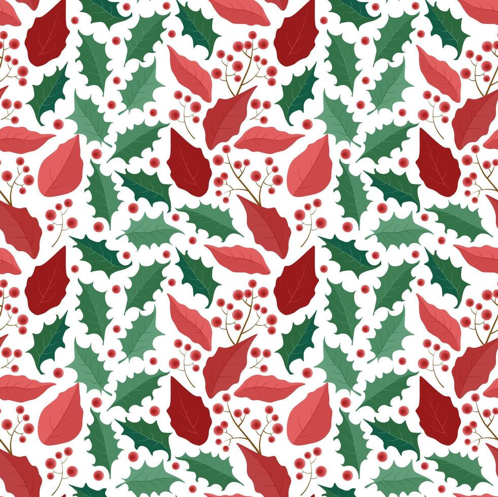vertical pattern of poinsettia and lolly leaves and red berries on a branch vector