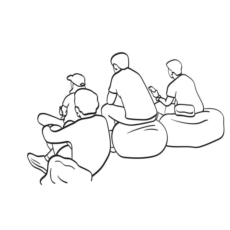 Back view of four people sitting and watching something illustration hand drawn isolated on white background vector