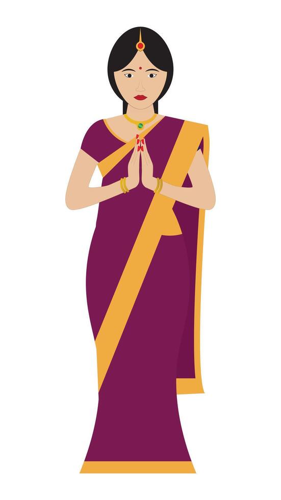 An Indian woman wearing a traditional beautiful saree and Greeting vector