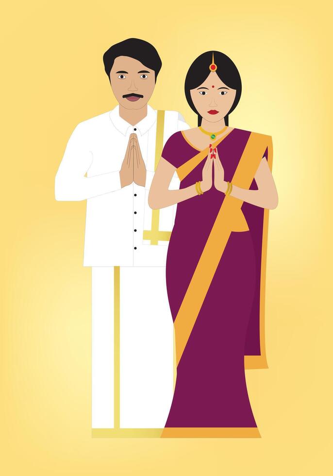 south Indian couples with traditional attires Dhoti and saree welcome vector