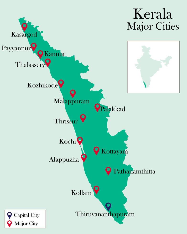 Major Cities of Kerala pinned on Kerala Map vector