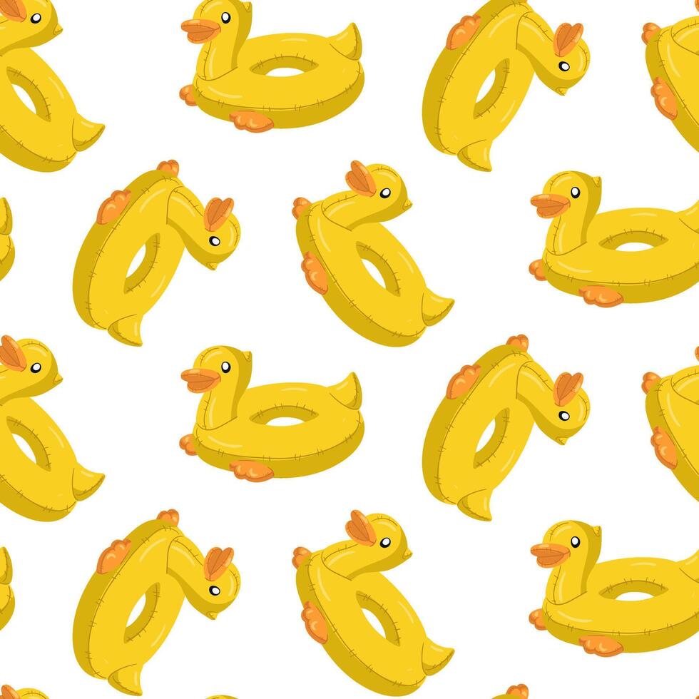 Swimming circle pattern is in the form of a yellow duck with large round eyes, a bright orange beak and a cute tail. This floating duck is perfect for a summer themed pool party. Seamless illustration vector
