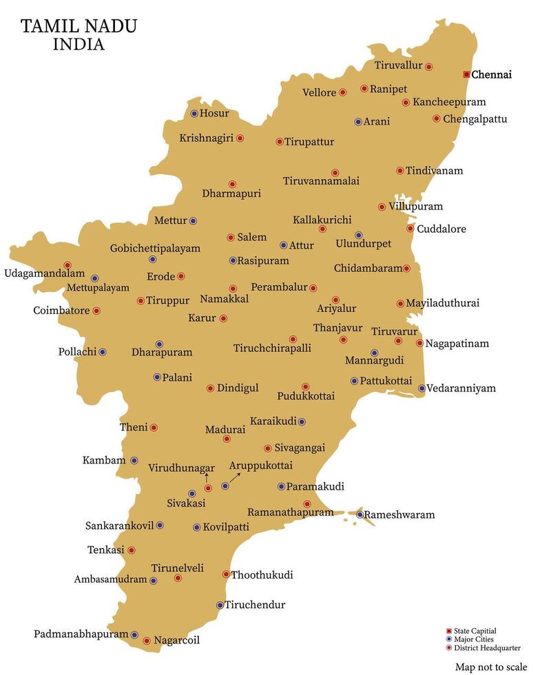 Major cities of Tamil Nadu Pinned on the Tamil Nadu Map vector