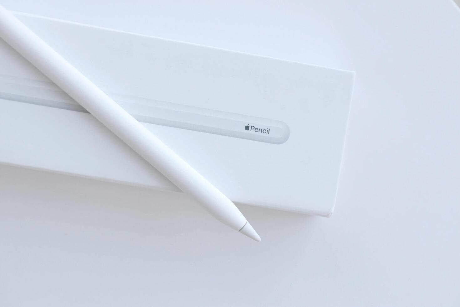 KYIV, UKRAINE - 4 MAY, 2023 New Apple pencil generation 2. Features a flat edge that attaches magnetically for automatic charging and pairing photo