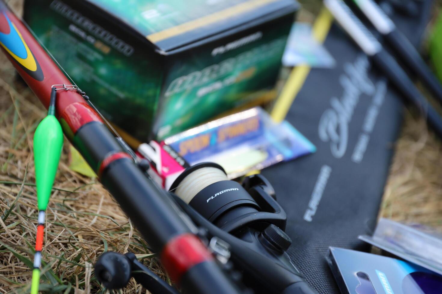 KYIV, UKRAINE - 4 MAY, 2023 Fishing equipment of Flagman brand. Flagman company is one of unconditional leaders of the european fishing market photo