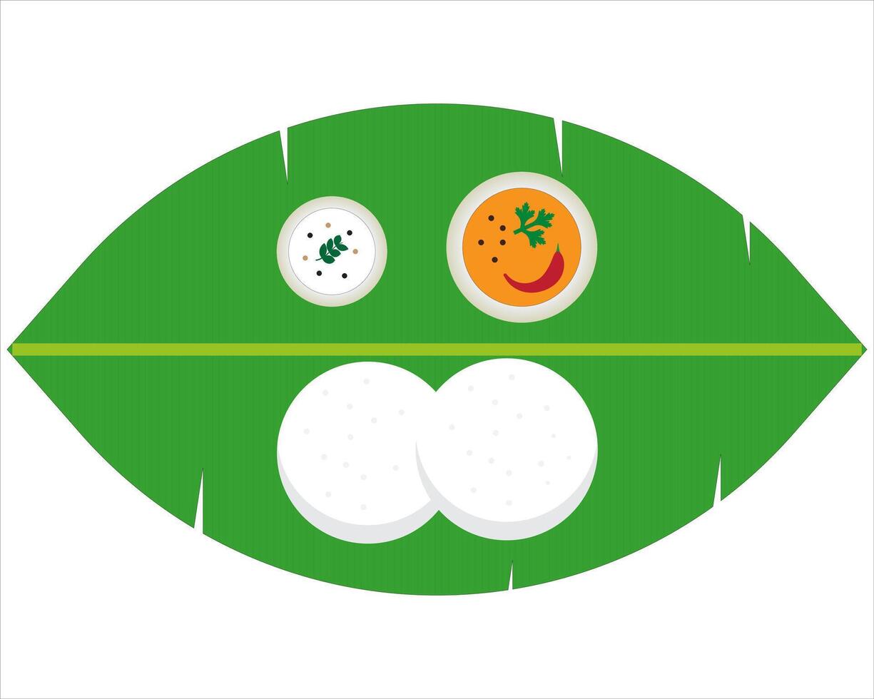 Idly dish along with sambar and chutney served in traditional style with Banana leaf . vector