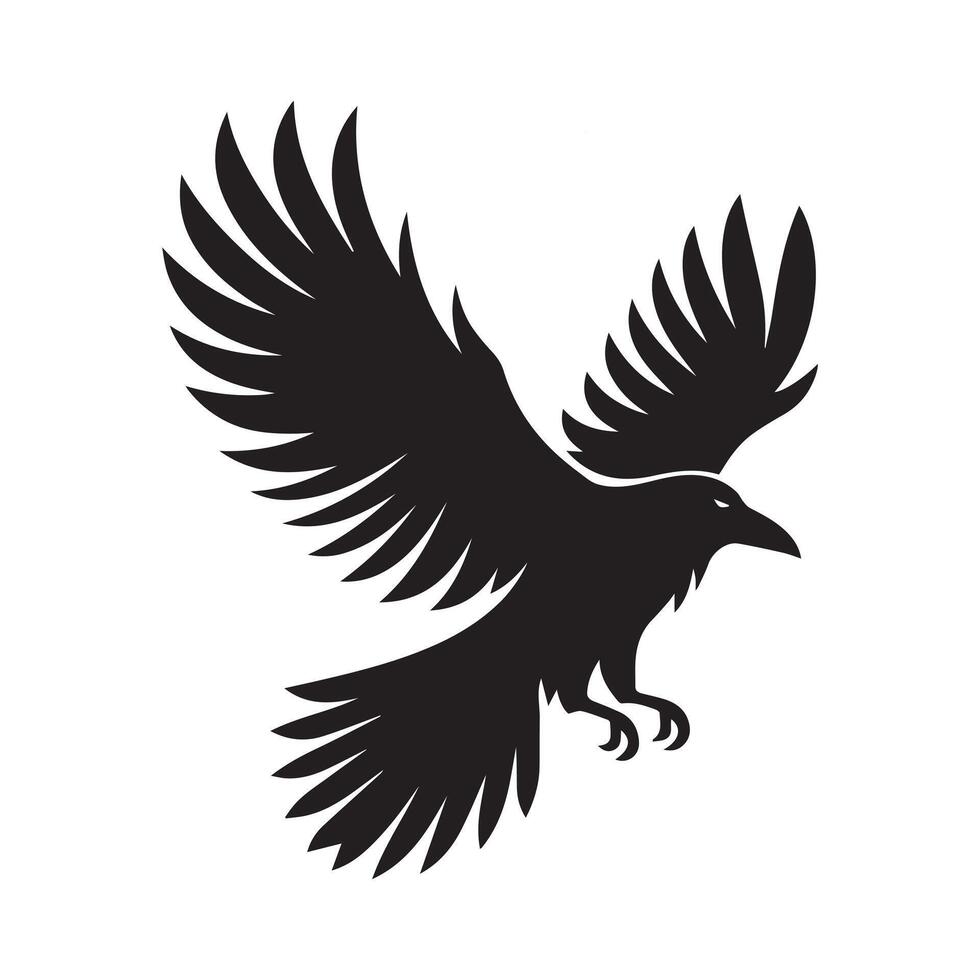 A Raven Bird silhouette, A Raven in attacking mood illustration in black and white vector