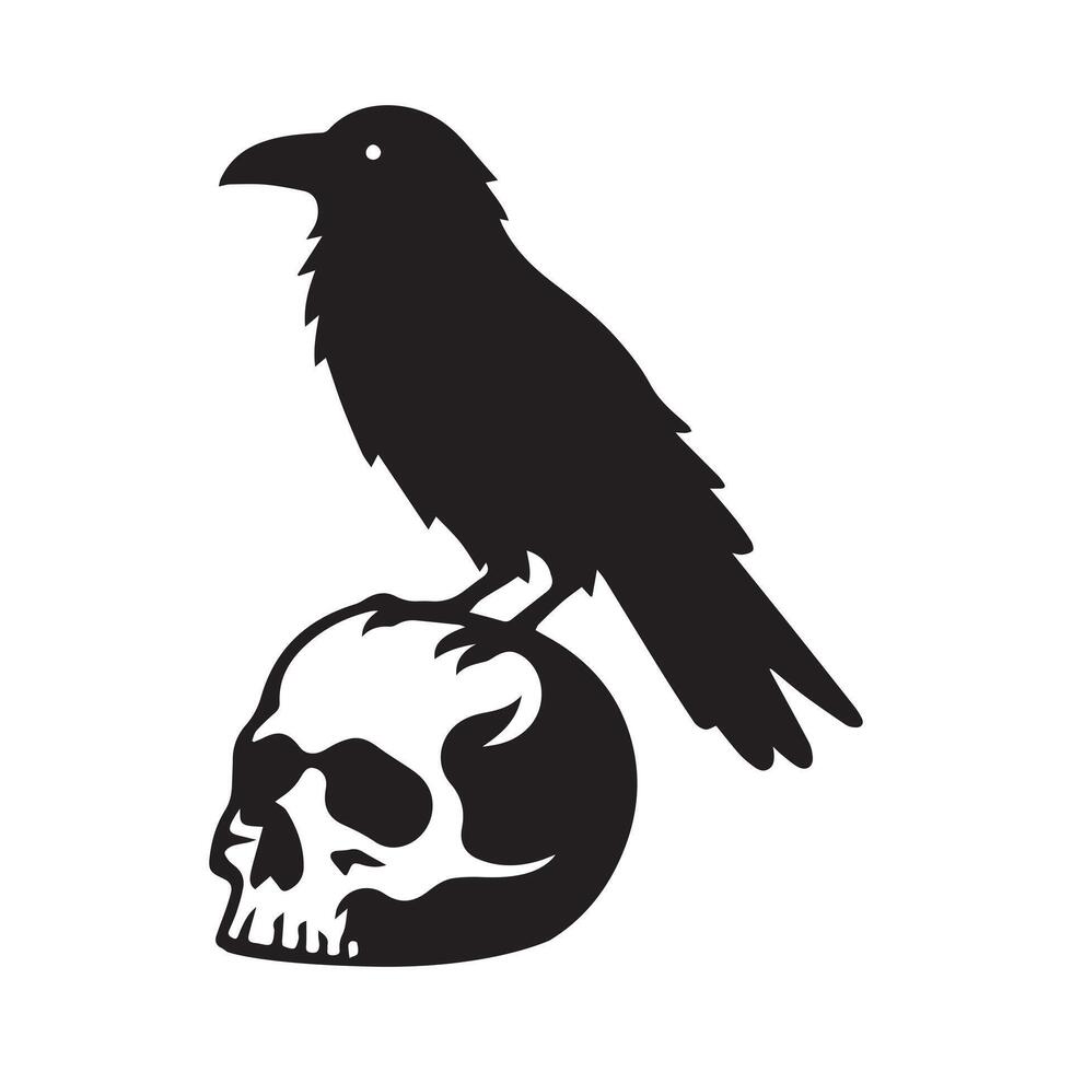 A Raven Bird silhouette, a Raven perched on a skull illustration in black and white vector
