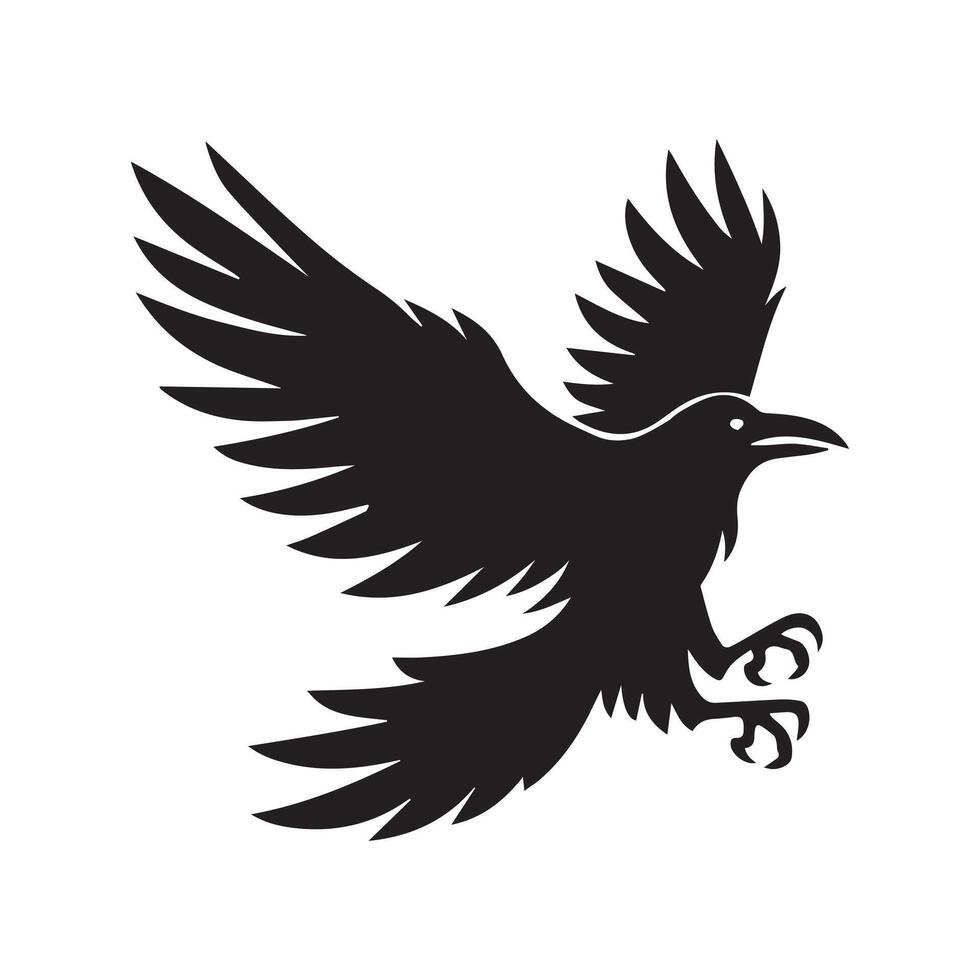 A Raven Bird silhouette, A Raven in attacking mood illustration in black and white vector