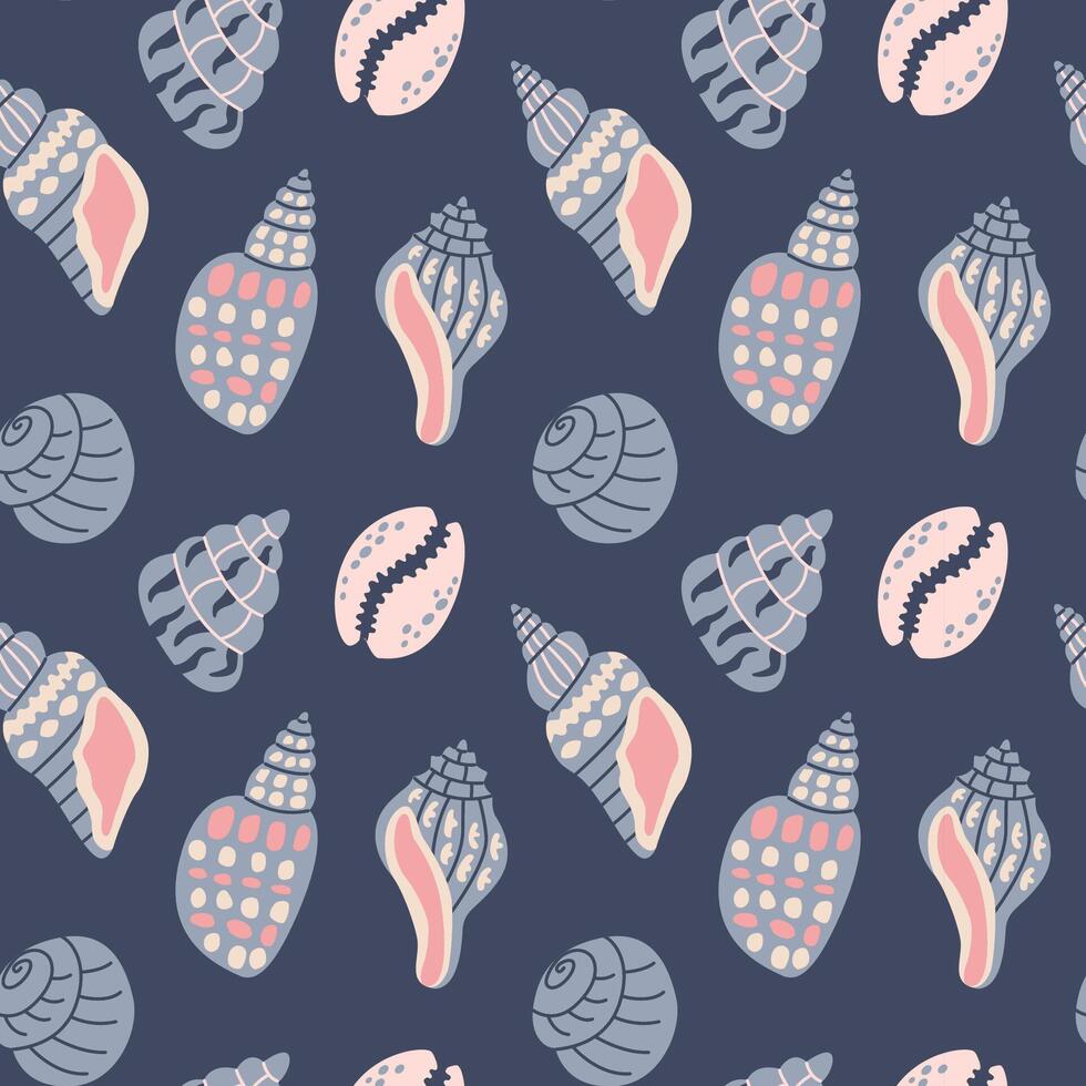 Sea shells seamless pattern. Trendy pattern of seashells for wrapping paper, wallpaper, stickers, notebook cover. The texture may be used for printing on fabric or paper and background in web design. vector