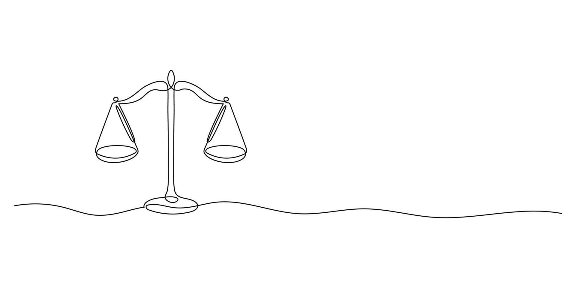 Line drawing of the balance of law and the scale of justice. Sign of equality and balance concept and company logo in simple linear style. Doodle illustration vector