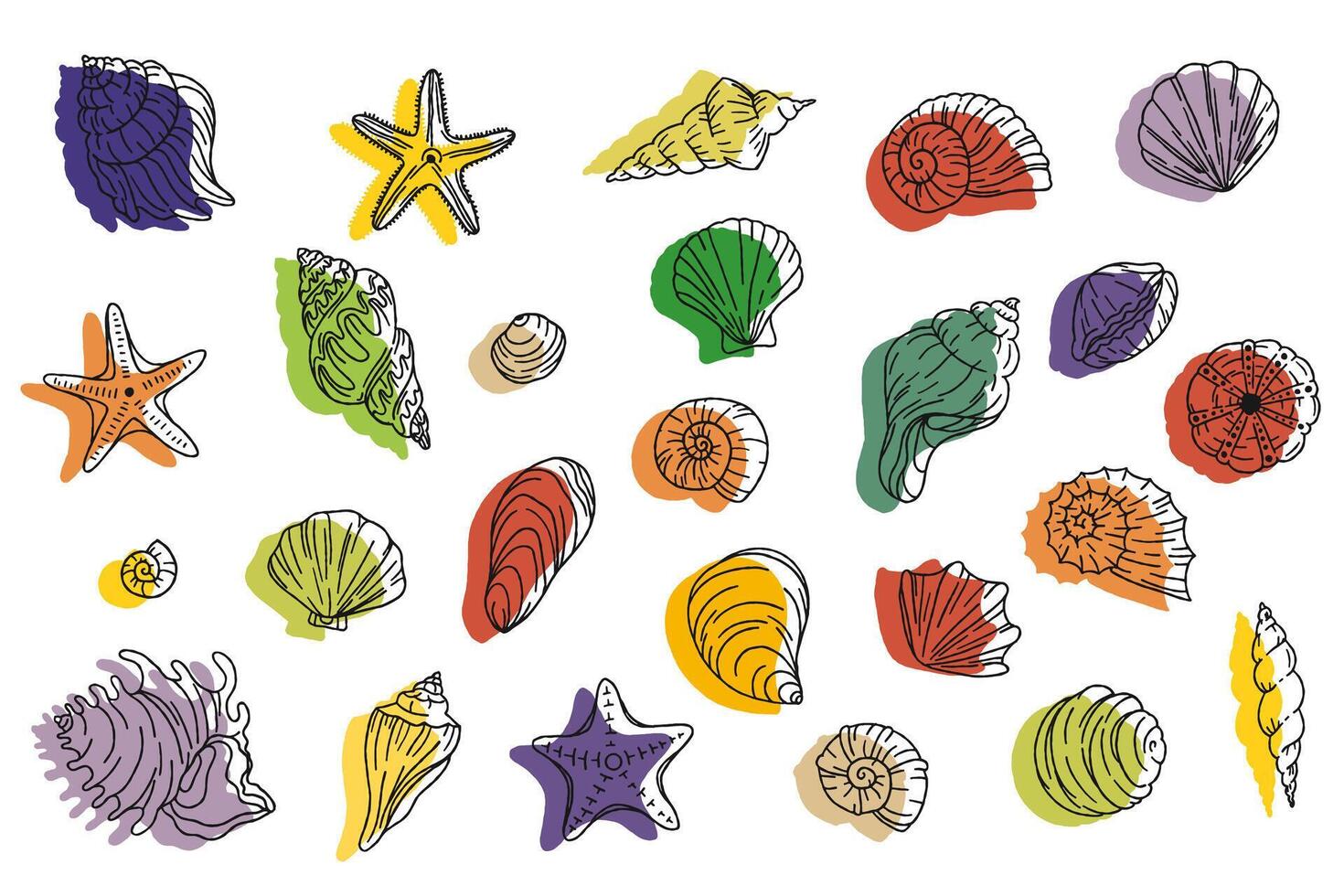 Hand drawn seashells hand drawn summer marine design, elements collection of abstract pastel colors liquid shapes. graphic illustration. vector