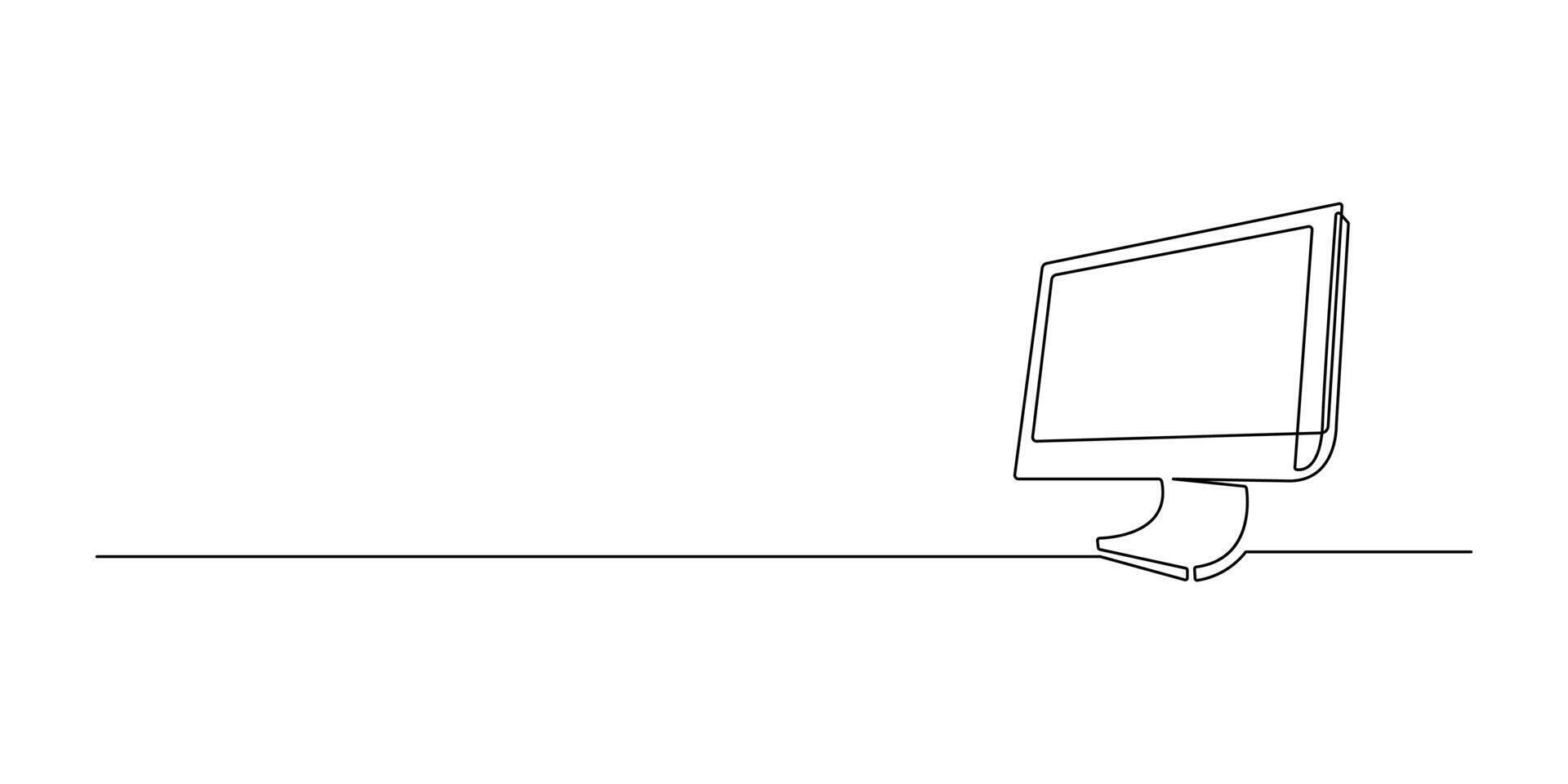 Line drawing of a personal computer. Computer monitor continuous line on a white background. illustration vector