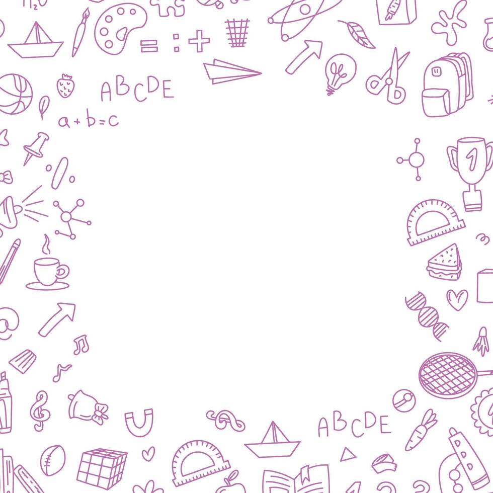 Back to school square text frame in doodle style. Hand drawn set of doodle book elements, education symbols. Framework for social networks. Invitation to a meeting. Office doodles vector