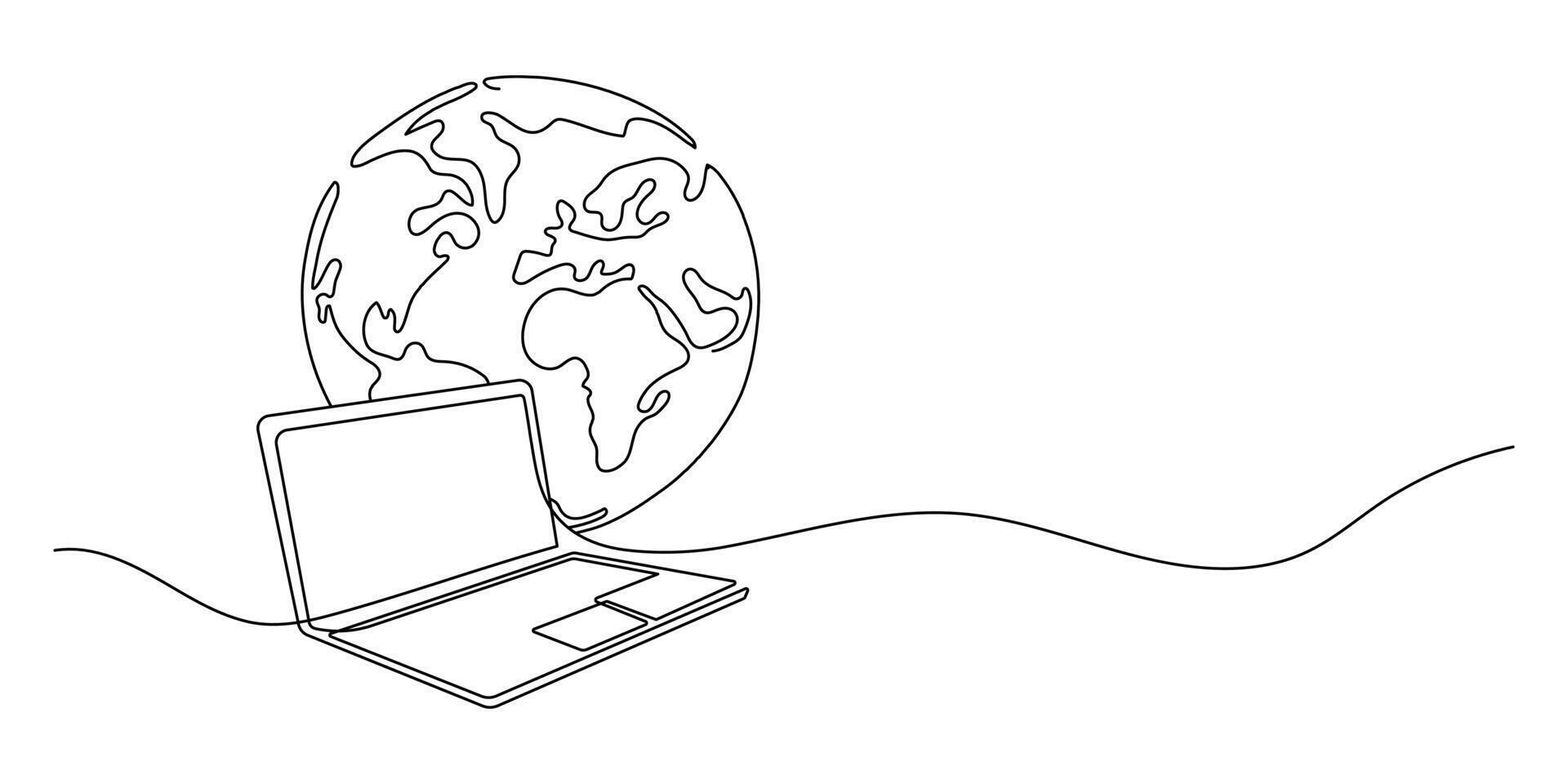 Line laptop and planet Earth as a line drawing as a concept of communication with the world on a white background. vector