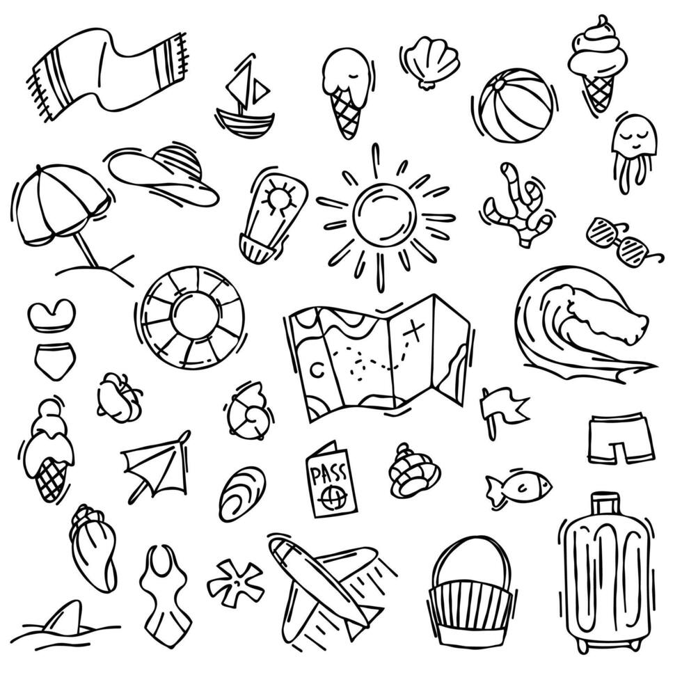 Summer doodle icons set. Summer elements map, sun, ice cream, airplane and other. illustration. vector