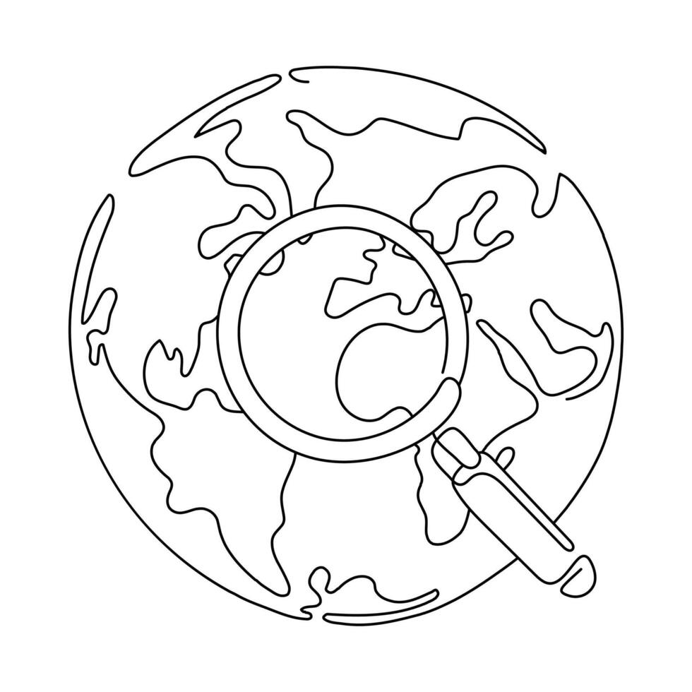 Line drawing of planet world with search. Traveling and route finding concept. The line of the planet Earth vector