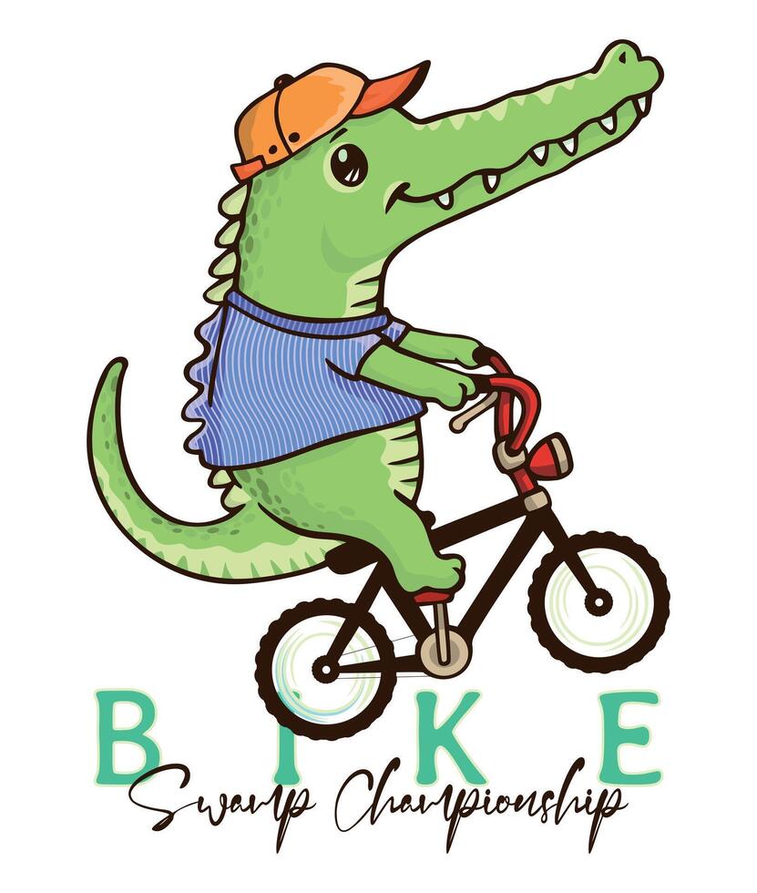 Illustration of alligator riding a bicycle. Children's style art. vector