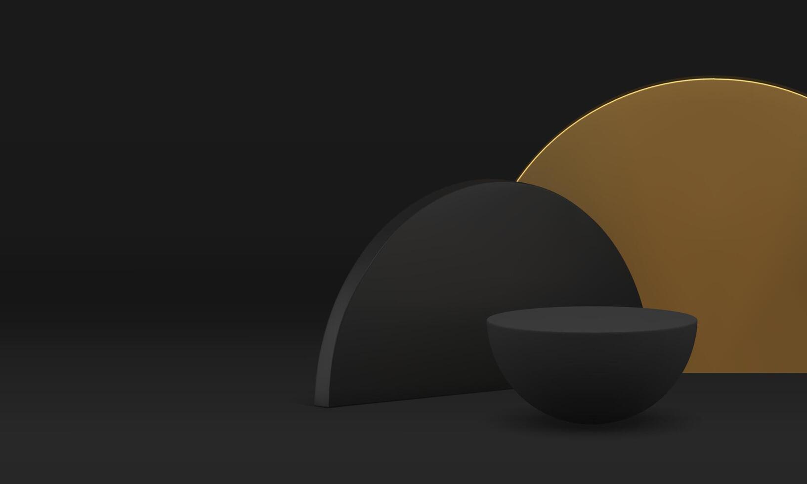 3d black hemisphere podium pedestal with golden geometric wall background realistic vector