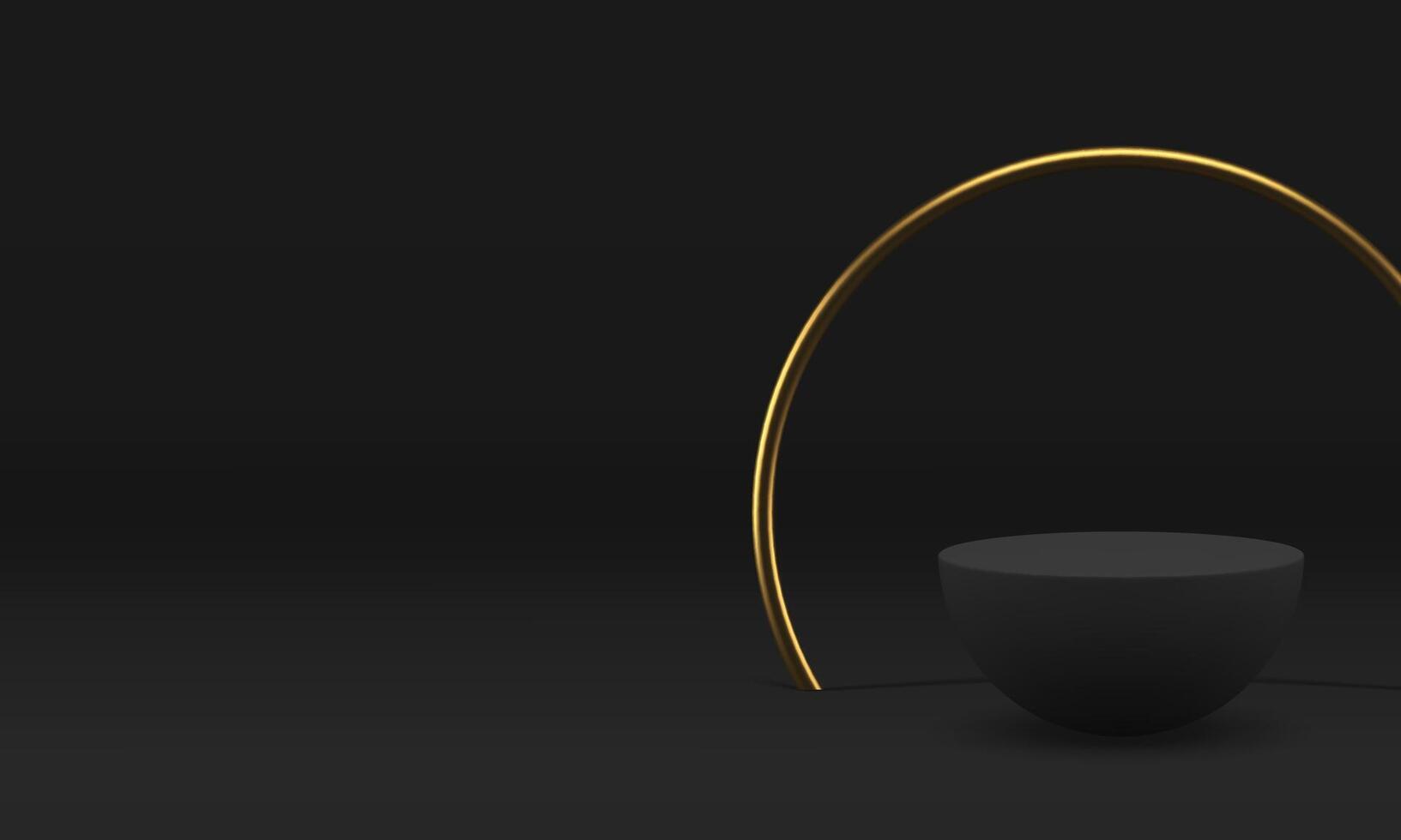 Black 3d hemisphere podium pedestal with golden circle frame realistic illustration vector