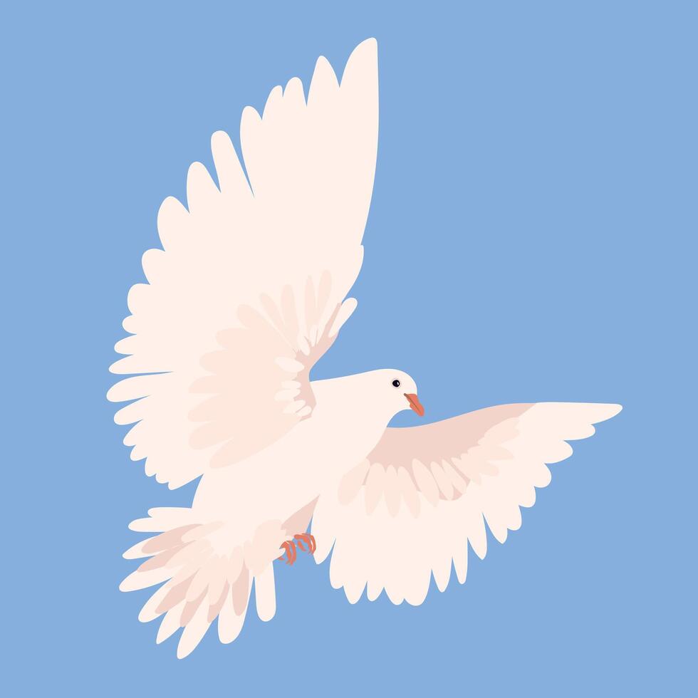Dove on a blue background. . The world famous symbol of peace, freedom, hope. A beautiful shiny white dove takes off into the blue sky. Holy spirit in the form of a bird. vector