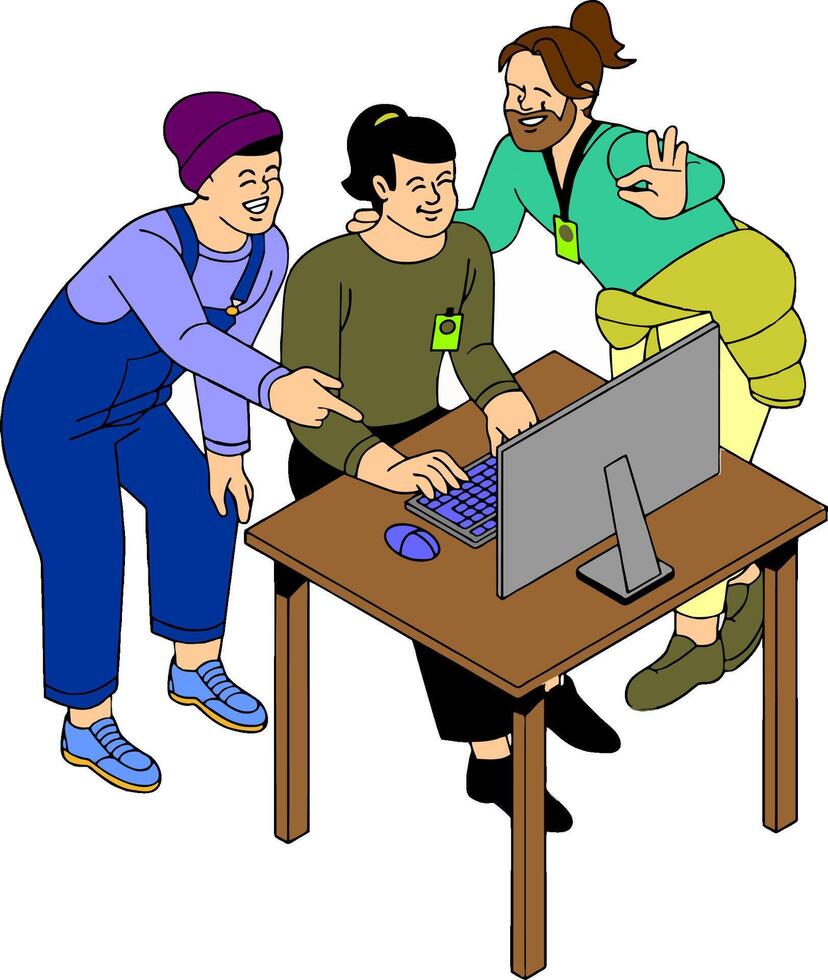 a cartoon of three people standing around a computer vector