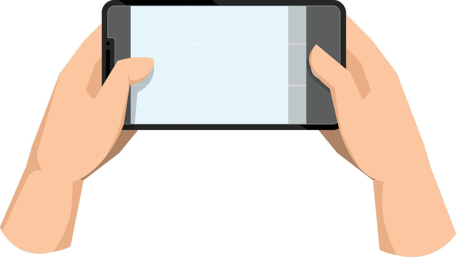 Hand holding horizontal phone, taking mobile photo. Making photograph with grid on smartphone screen. Using camera for shooting, recording . Flat graphic isolated on white background vector