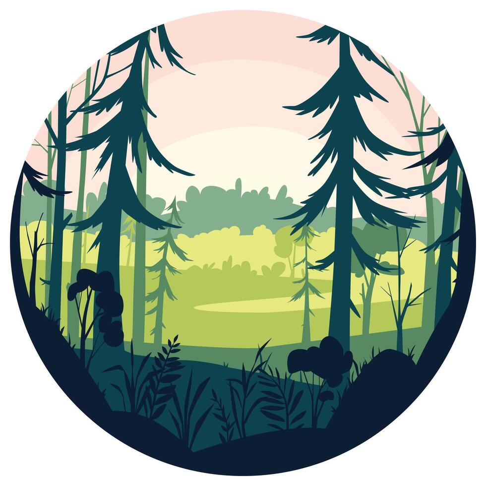 Forest landscape scene. Layered forest illustration in circle. Evergreen trees and tree trunks, bushes and greenery. Circle composition of forest illustration vector