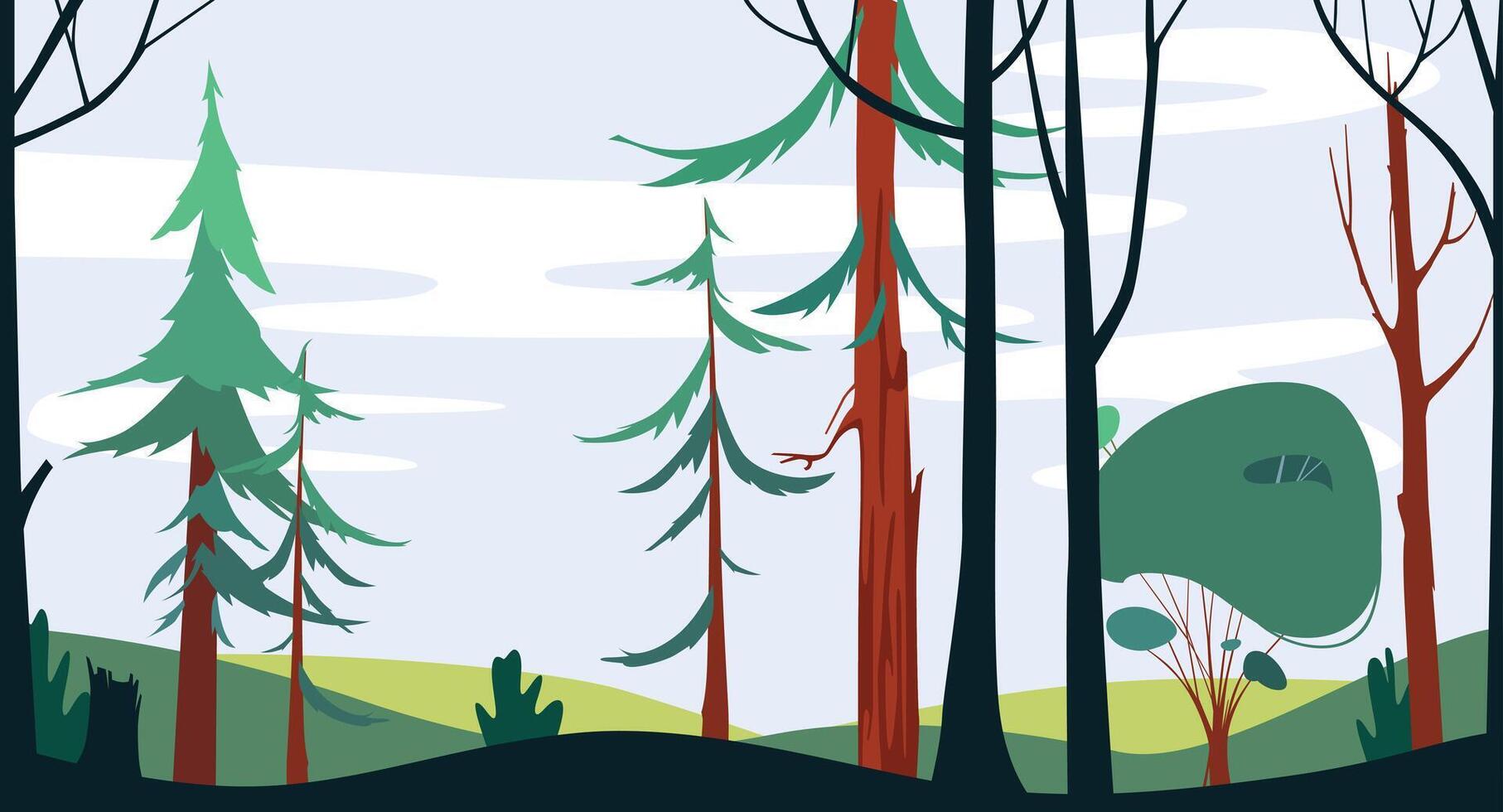 Horizontal landscape with trees and green hills. Forest horizontal scene. Evergreen trees, tree trunks and green bushes. Spring forest environment vector