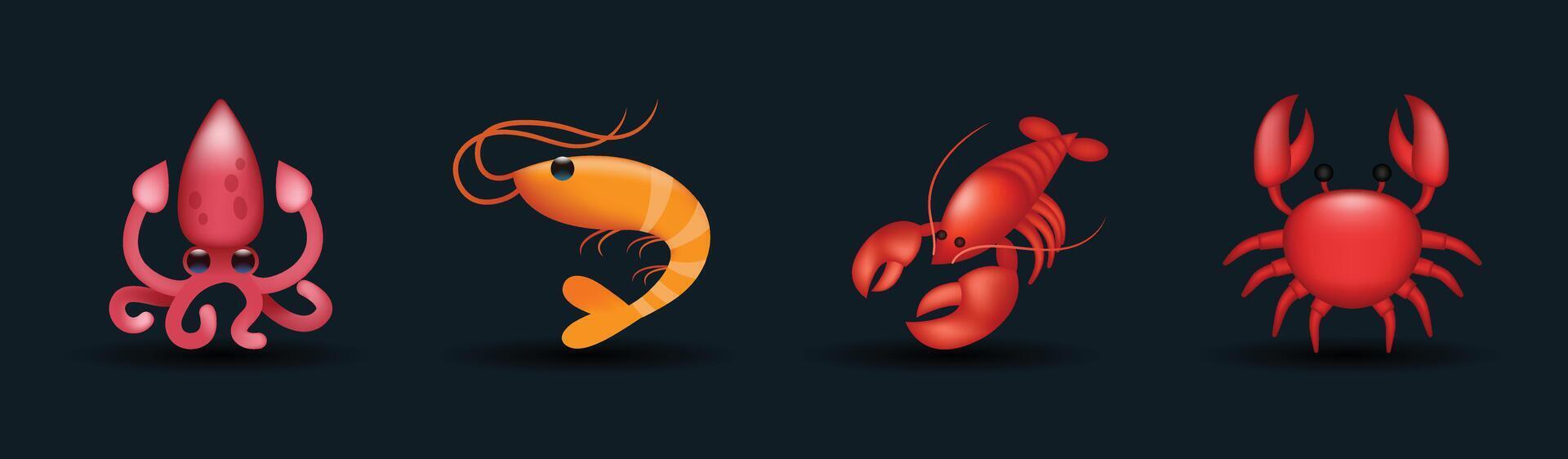 Sea, Ocean Animals Illustration Emojis collection, Icons Set. Octopus, shrimp, scorpion, crab emoji set. Sea Mammals Collection. 3d illustration. vector