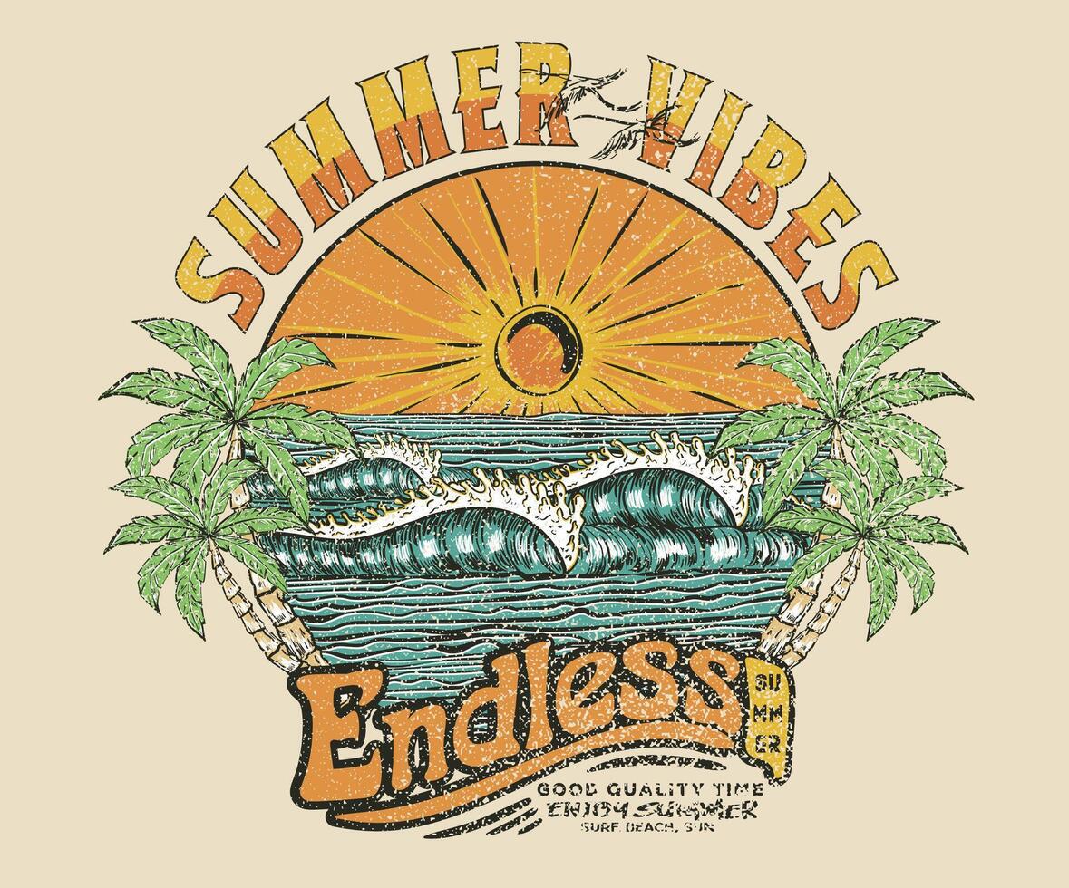 Sunshine paradise graphic print design. Tropical island art. Ocean big wave hand sketch. Summer slogan t-shirt. Surf club design. Summer abstract art. vector