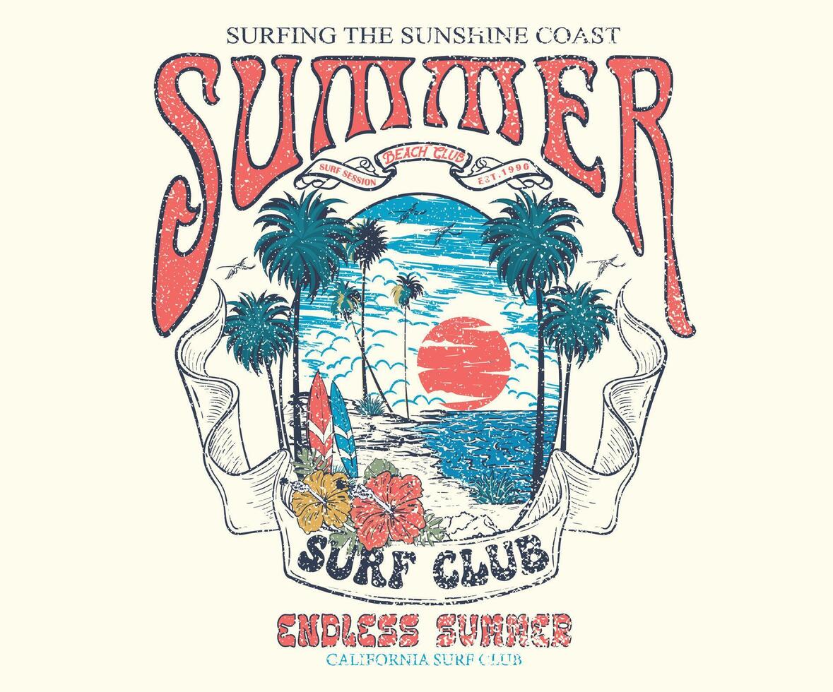 Summer vibes artwork. Surf club design. Beach wave artwork. Sunshine paradise graphic print design. vector