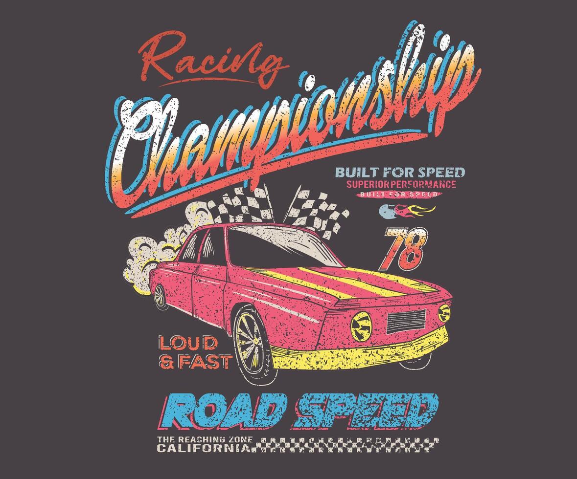 Racing club t-shirt print design. American racing. Car championship. Car print design for t shirt print, poster, sticker, background and other uses. vector