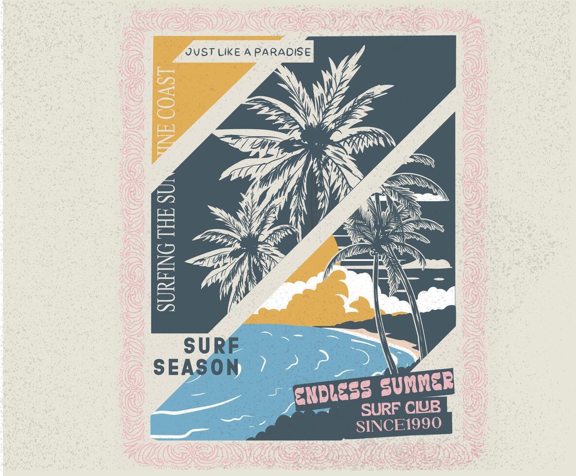 Surf club print design for t shirt print, poster, sticker, background, men, women and others. Summer vibes print design. Sunshine tropical beach artwork. Palm beach vibes artwork. vector