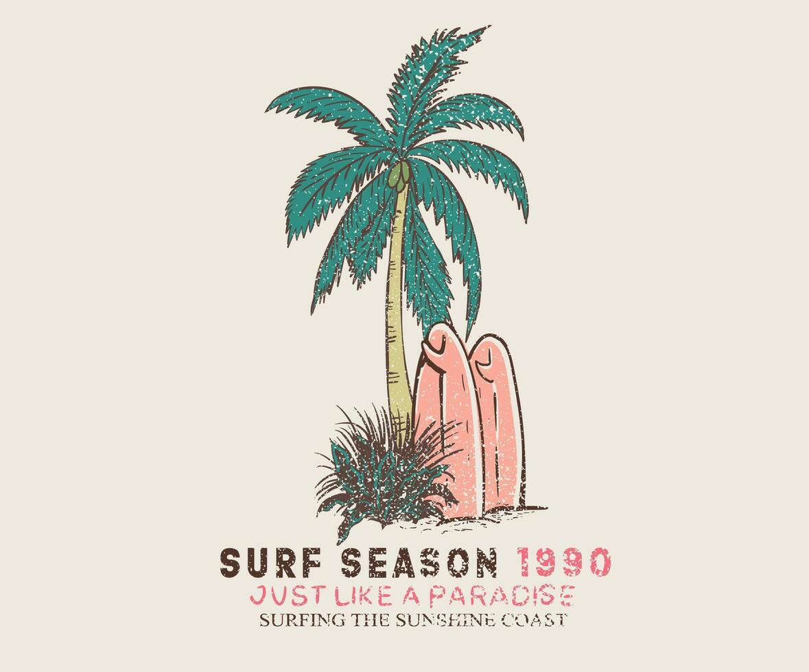 Surf season. Endless summer design. Surfing club artwork. Palm tree design. Just like a paradise. vector
