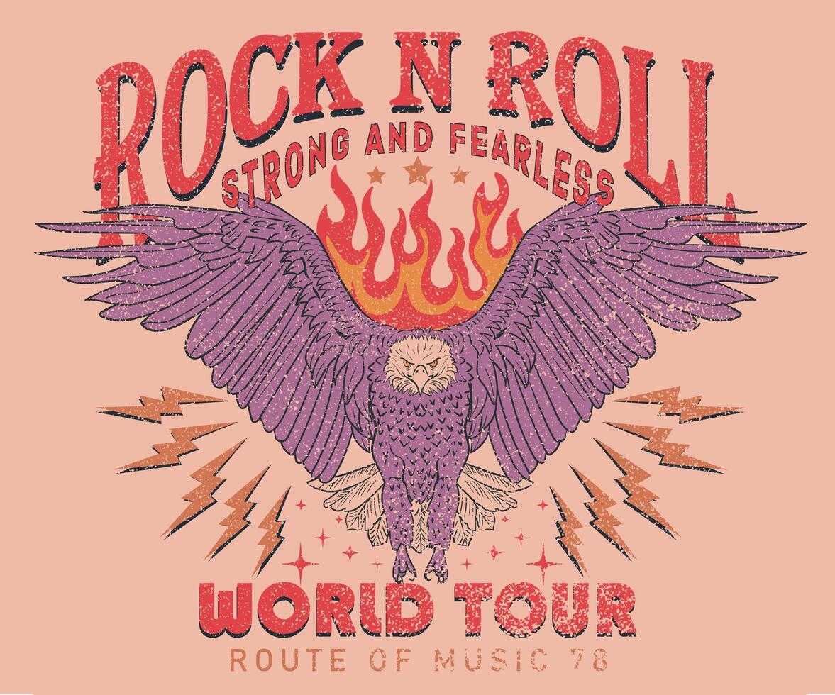 Rock and roll tour t shirt print design. Rockstar artwork. Rebel eagle graphic illustration. vector
