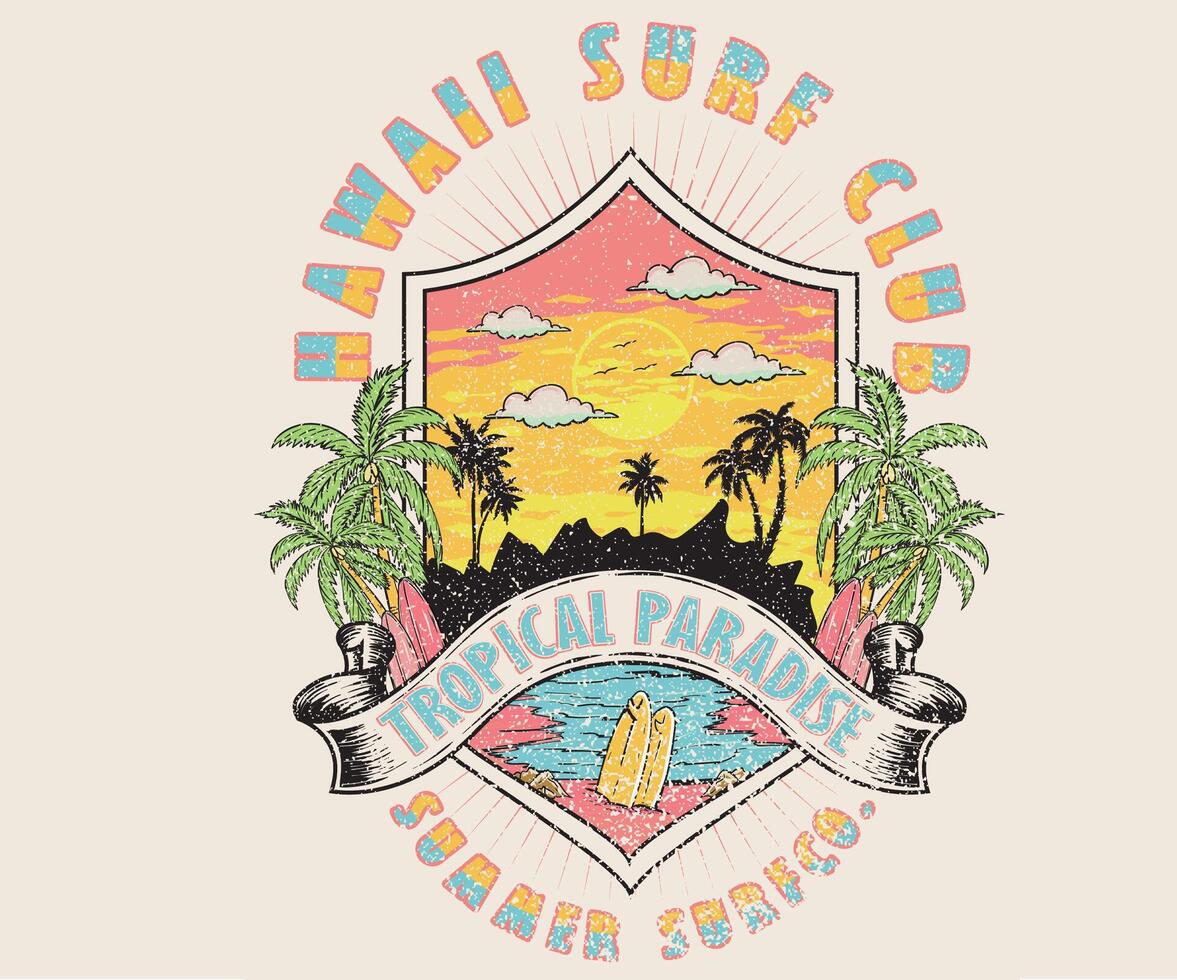 Hawaii Tropical paradise. Beach paradise artwork. Palm beach club. Take me to the beach. Sun graphic design for apparel, stickers, posters, background and others. vector