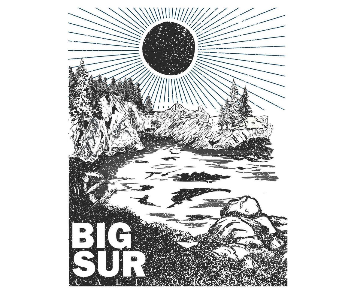 McWay Falls waterfall in california. Pacific ocean. Big sur artwork. Adventure at the mountain graphic artwork for t shirt and others. Beach with hill artwork. Mountain with tree vintage print design. vector