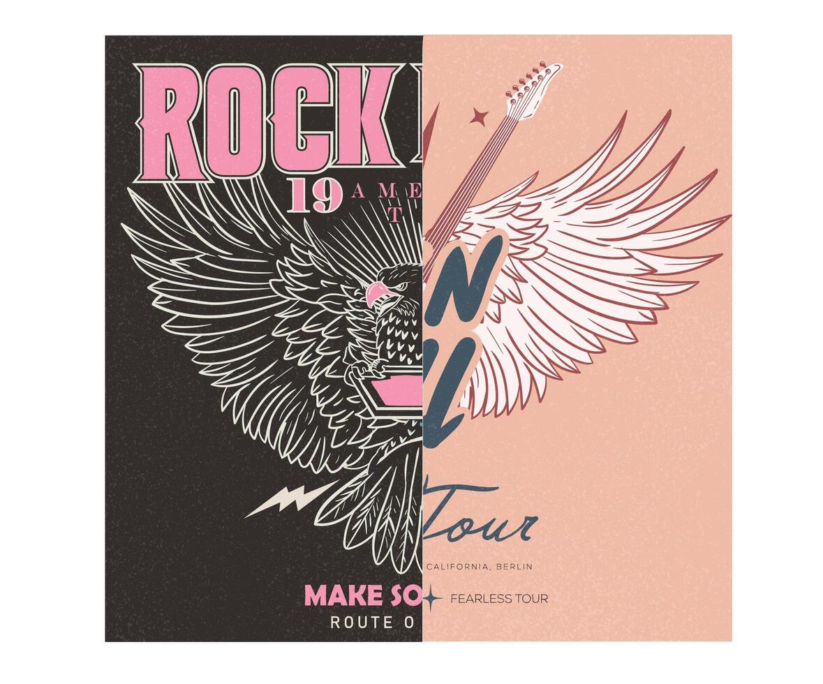 Rock and roll t-shirt print design. Music world tour poster. Live fast die young. Eagle design. make some noise. vector