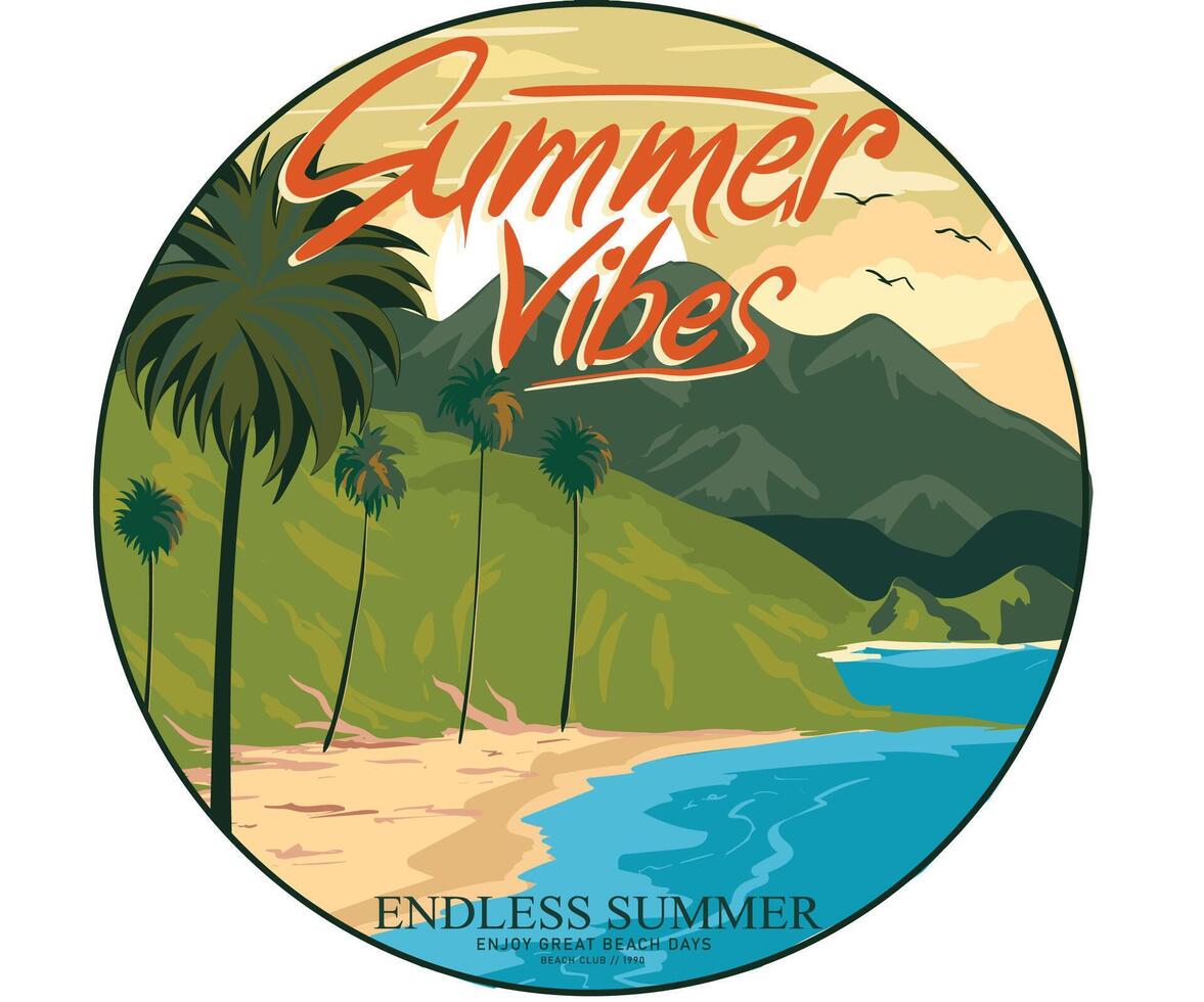 Summer vibes graphic print. Tropical island artwork for apparel. Palm beach illustration . Endless summer. vector