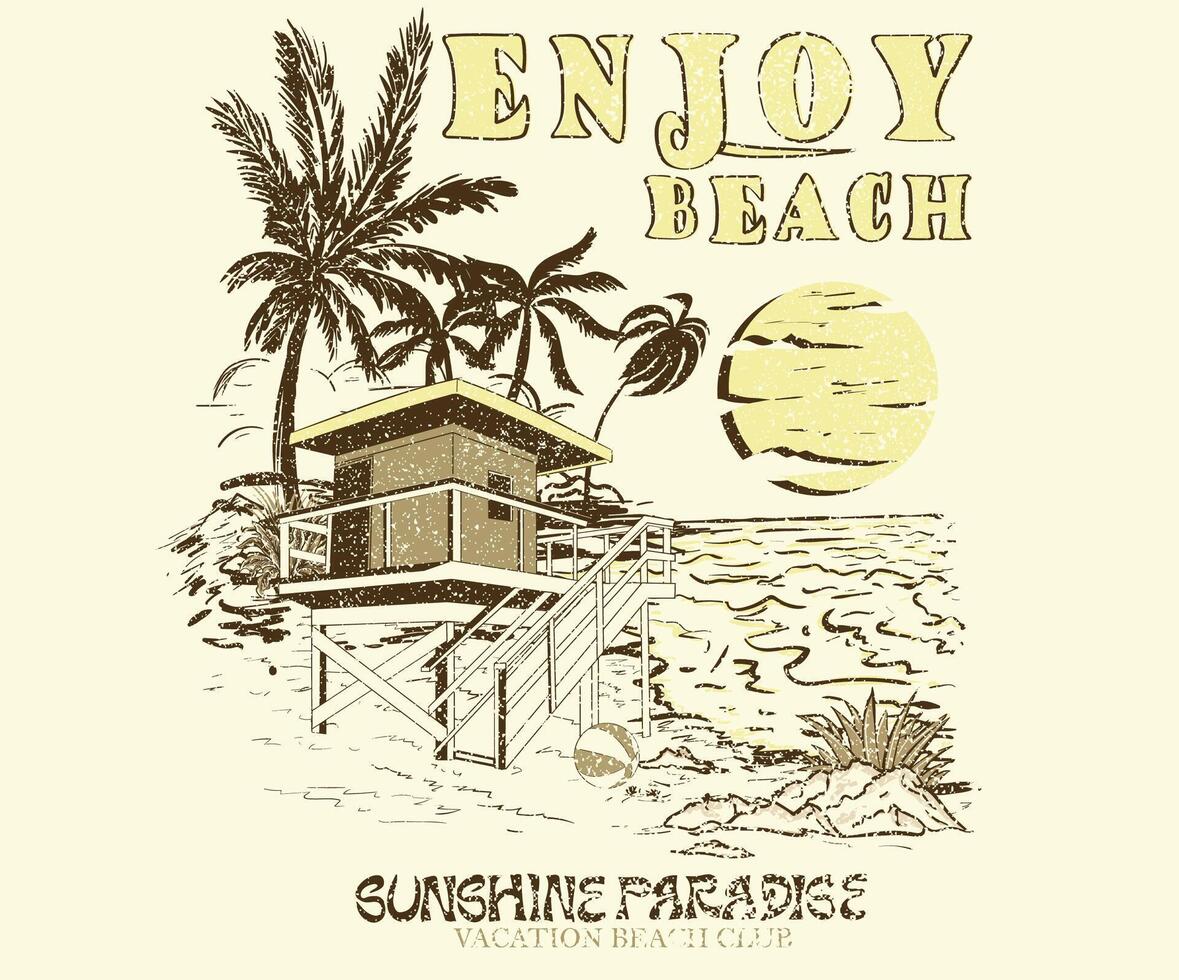 Enjoy beach life. Lifeguard tower. Summer vibes artwork. Surf club design. Beach wave artwork. Sunshine paradise graphic print design. vector