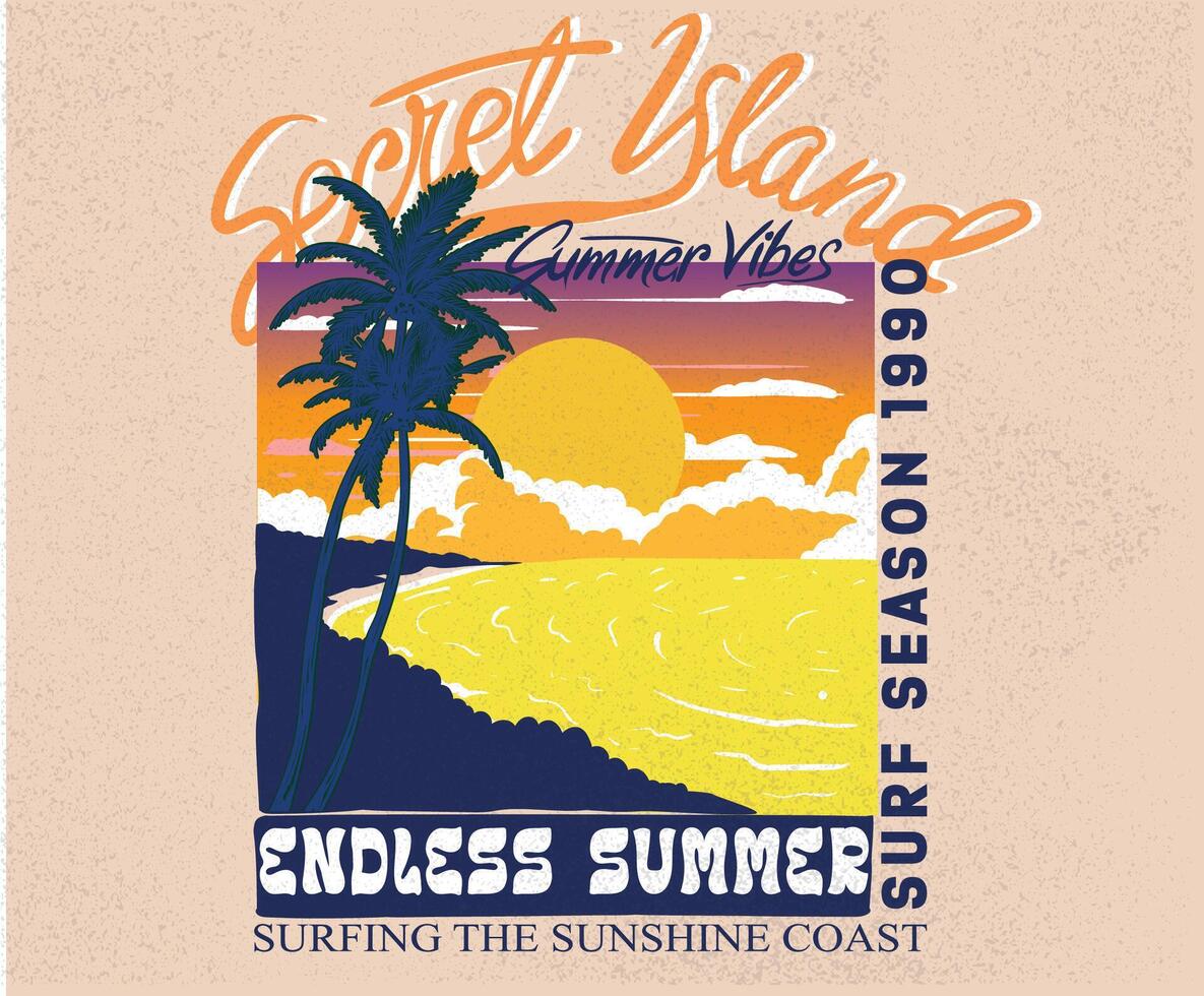 Secret island. Endless summer. Sunshine beach club graphic print design for t shirt print, poster, sticker and other uses. California palm tree. Sunny day at the beach. Ocean wave. Palm tree design. vector
