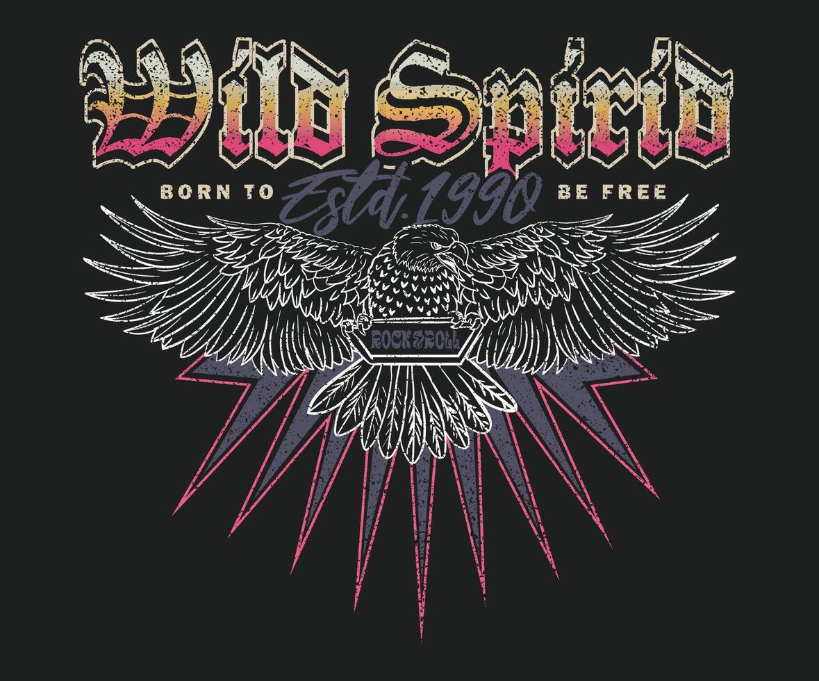 Wild spirit. Eagle rebel rock tour graphic print design. Make some noise rock and roll artwork design. vector