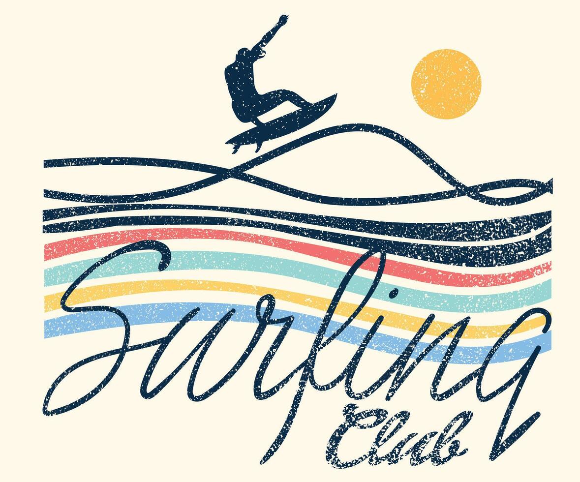 Multi color wave artwork. Endless summer design. Surfing club artwork. Palm tree design. vector