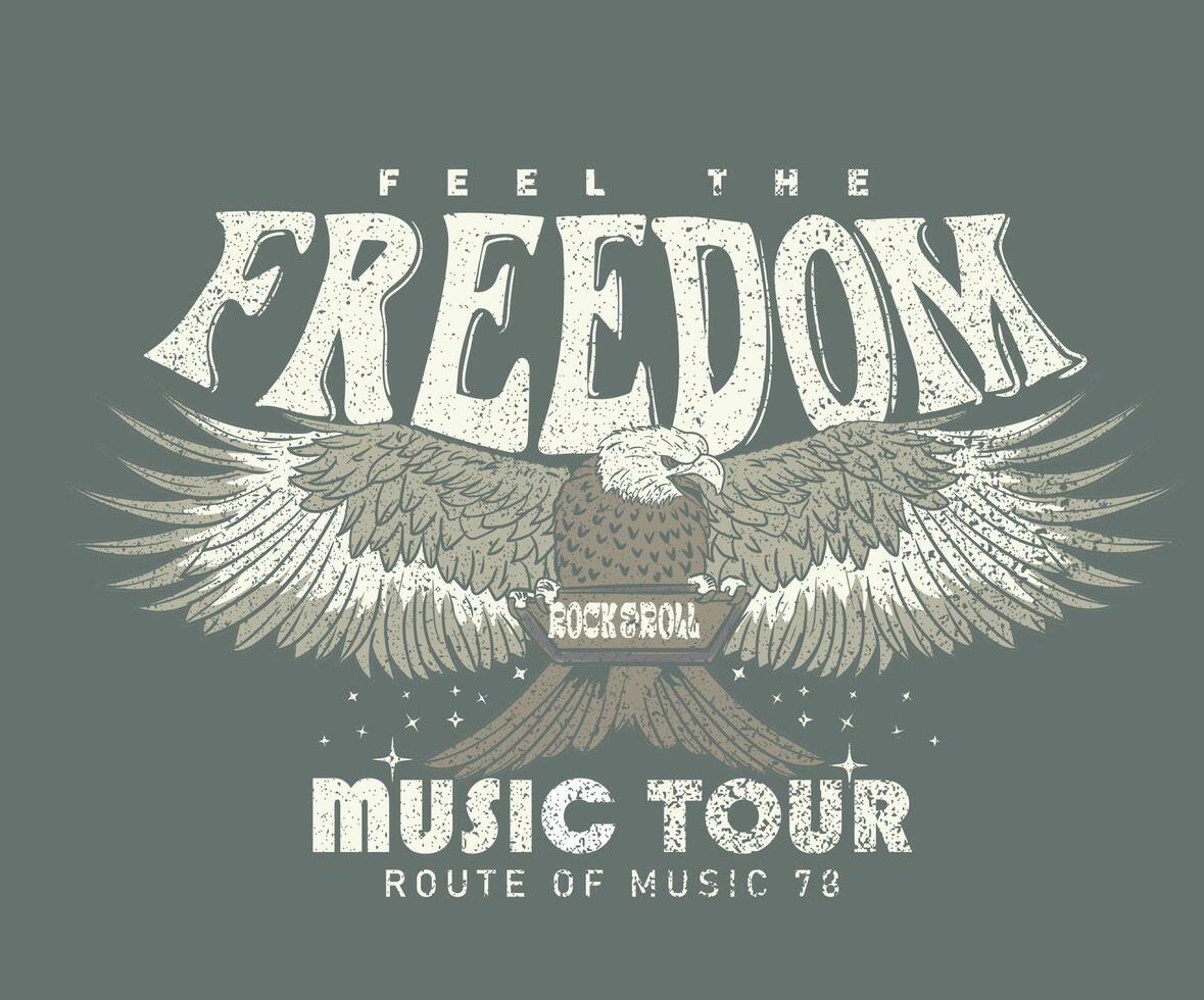 Feel the freedom. Rock and roll, World tour print design. Eagle fly graphic print design. World fire artwork. vector